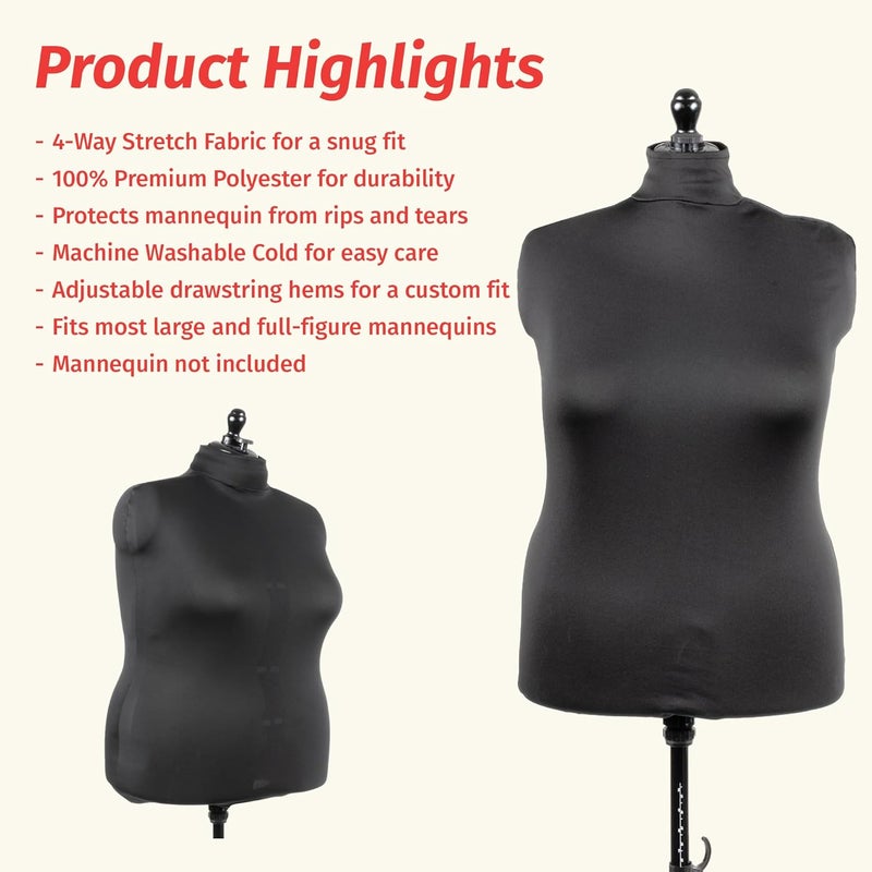 Dritz Dress Form Cover, Large, Black, 100% Polyester 4-Way Stretch Fabric, Protects and Fits Adjustable Dress Forms and Sewing Mannequins, Smooth Surface for Draping and Tailoring - Image 4